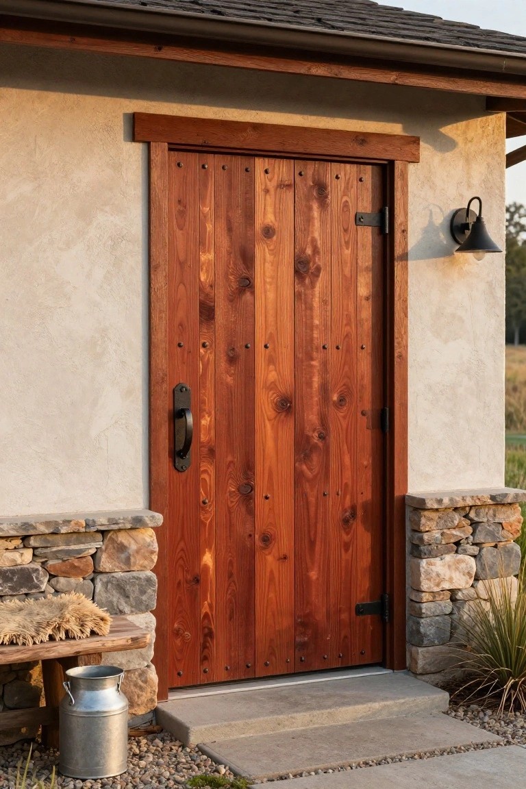 Rustic vertical-plank wooden front door stained warm reddish-brown with black iron hardware on a beige stucco cabin wall with stone foundation, wooden bench holding sheepskin and metal milk pail nearby.