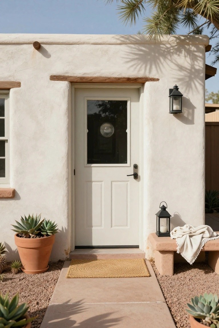 White paneled front door on a white adobe house exterior with black lanterns, potted succulents, a woven doormat, and gravel path in a desert setting.