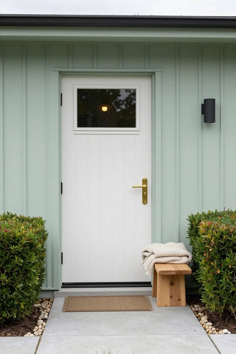 Sage green vertical board-and-batten siding on a small building with a white paneled front door featuring a small window and gold handle, flanked by boxwood shrubs, a wooden stool with beige blanket beside the right shrub, seagrass mat on concrete path, and gravel edging.