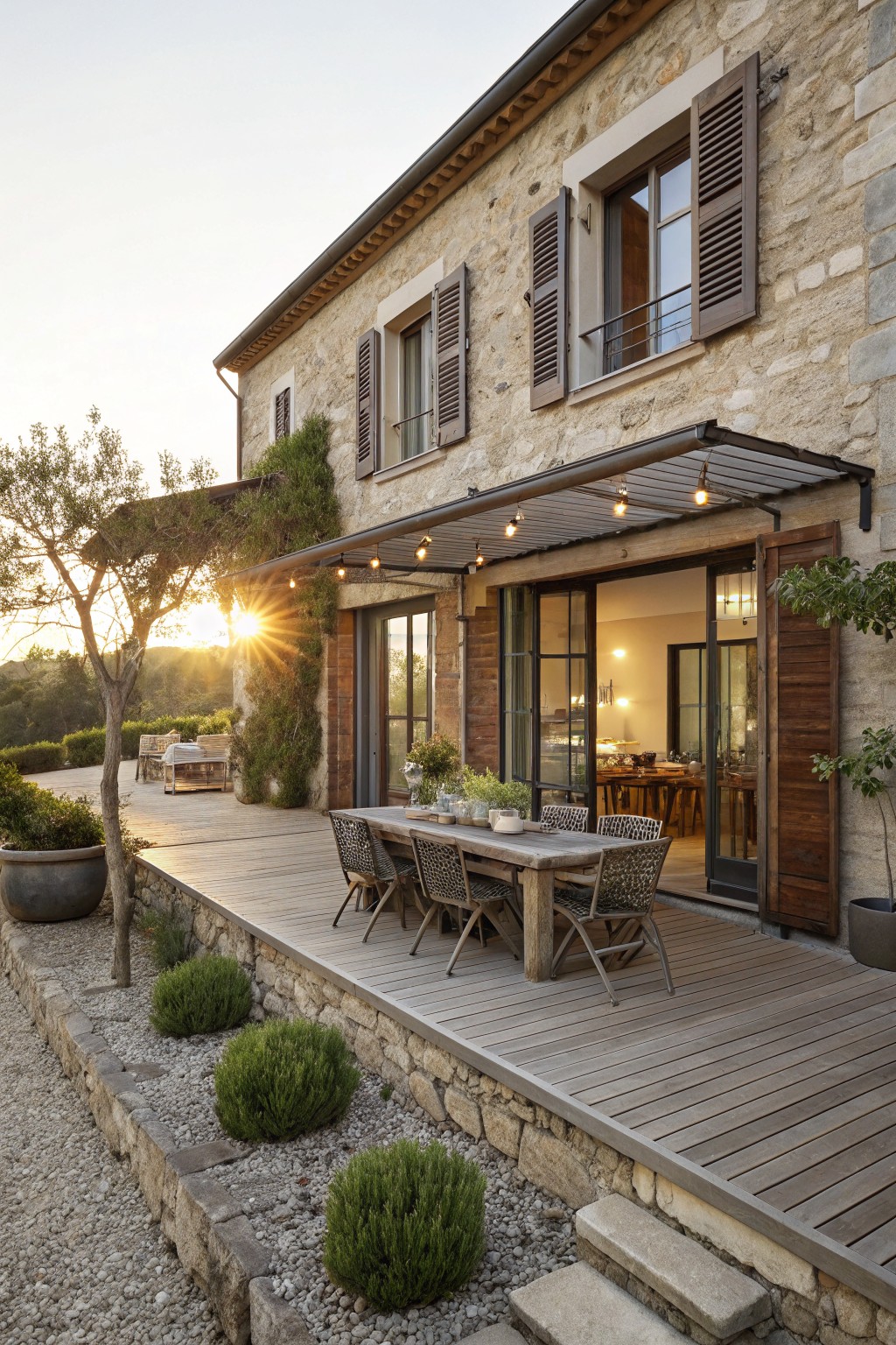 Stone house exterior with brown louvered wooden shutters on windows and doors, wooden deck with dining table and chairs, potted plants, olive tree, gravel landscaping, and string lights under a pergola at sunset.