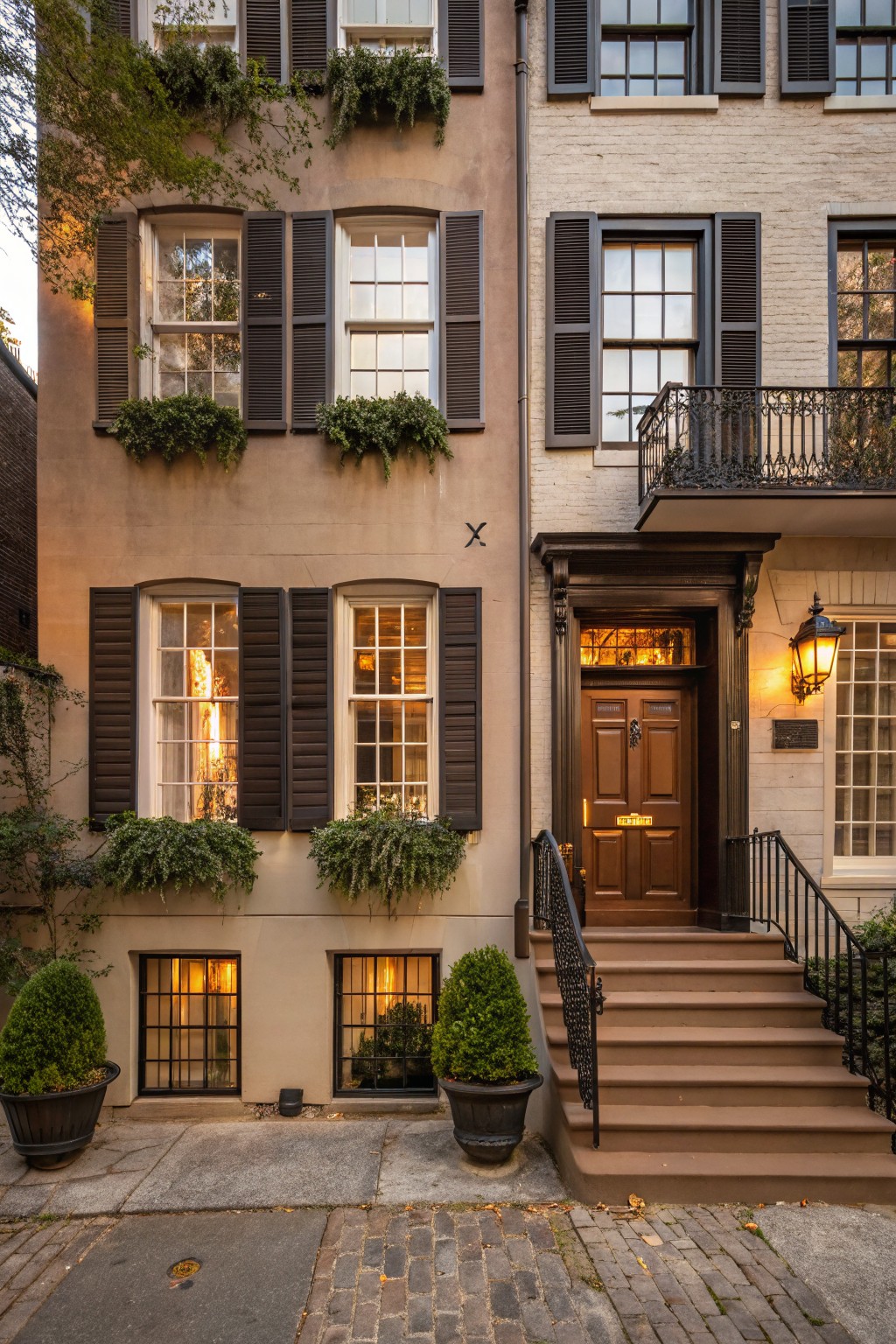 Beige stucco townhouse with dark brown shutters on multi-pane windows, window boxes with greenery, brown front door with lanterns, iron-railed steps, potted shrubs, adjacent white brick house on cobblestone street at dusk.