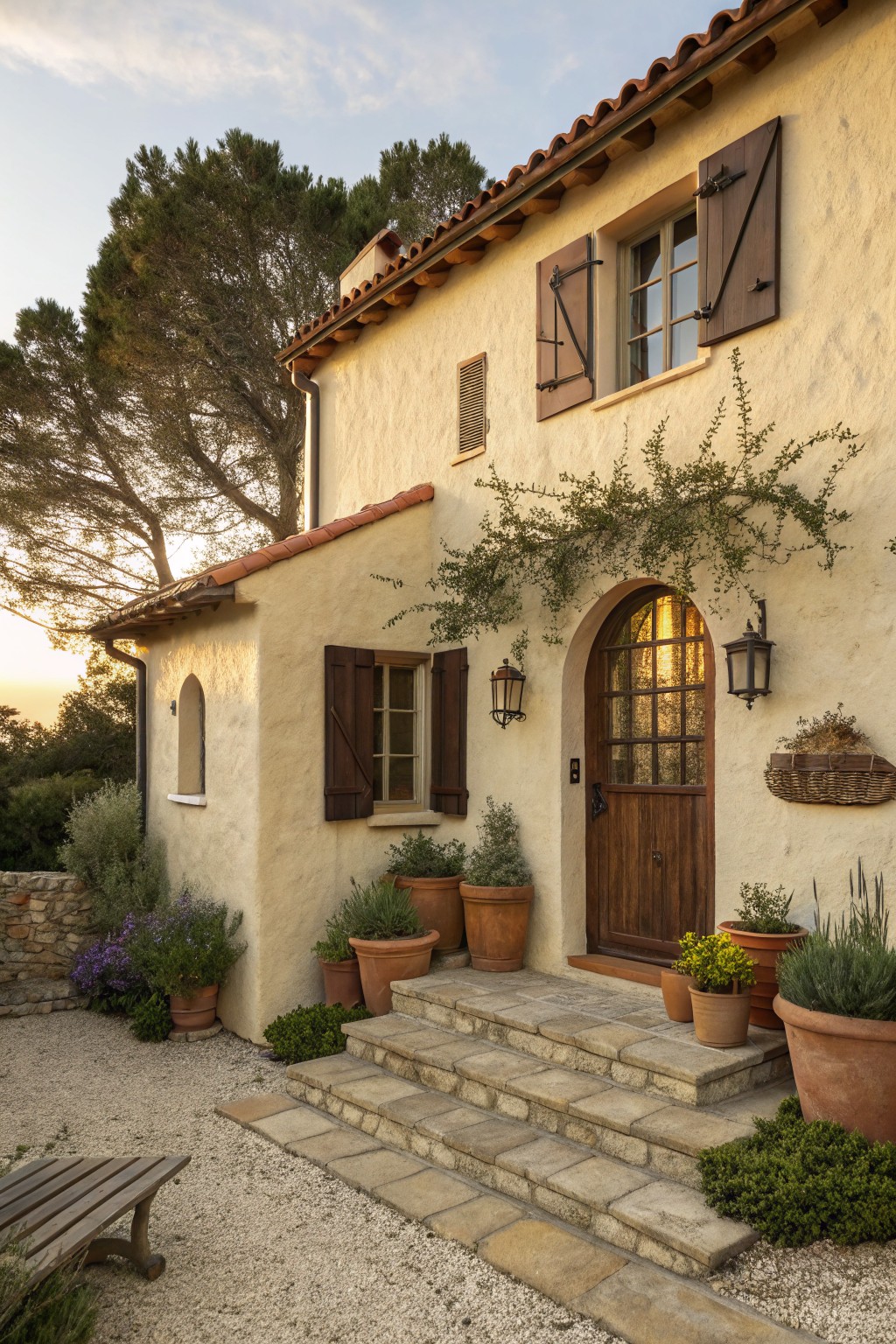 Beige stucco house exterior with dark brown wooden shutters on windows and doors, arched wooden entry door with glass panels, terracotta roof tiles, wall lanterns, potted plants, stone steps, and gravel path at dusk.