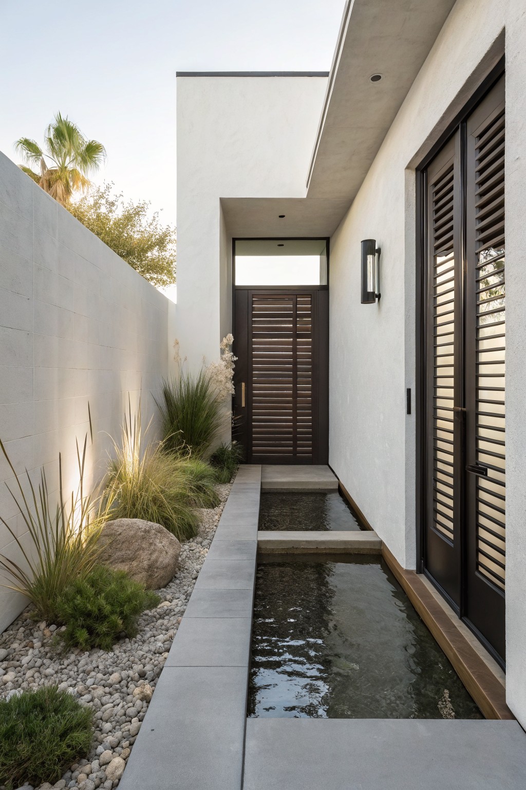 Narrow exterior entry path with tall white stucco walls, dark brown slatted metal gate, louvered brown doors, desert grasses and rocks bordering a shallow water channel next to concrete pavers.