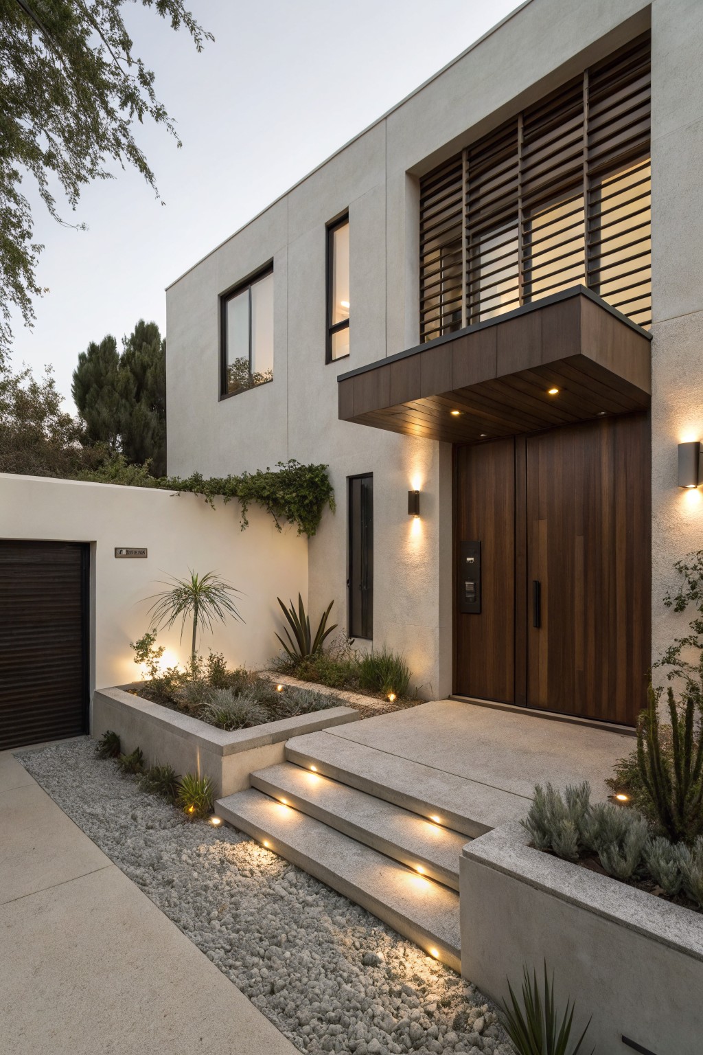Beige stucco house exterior with brown wooden slatted screens over upper windows, brown wood entry doors and canopy, concrete steps with lighting, garage door, and gravel landscaping with plants.