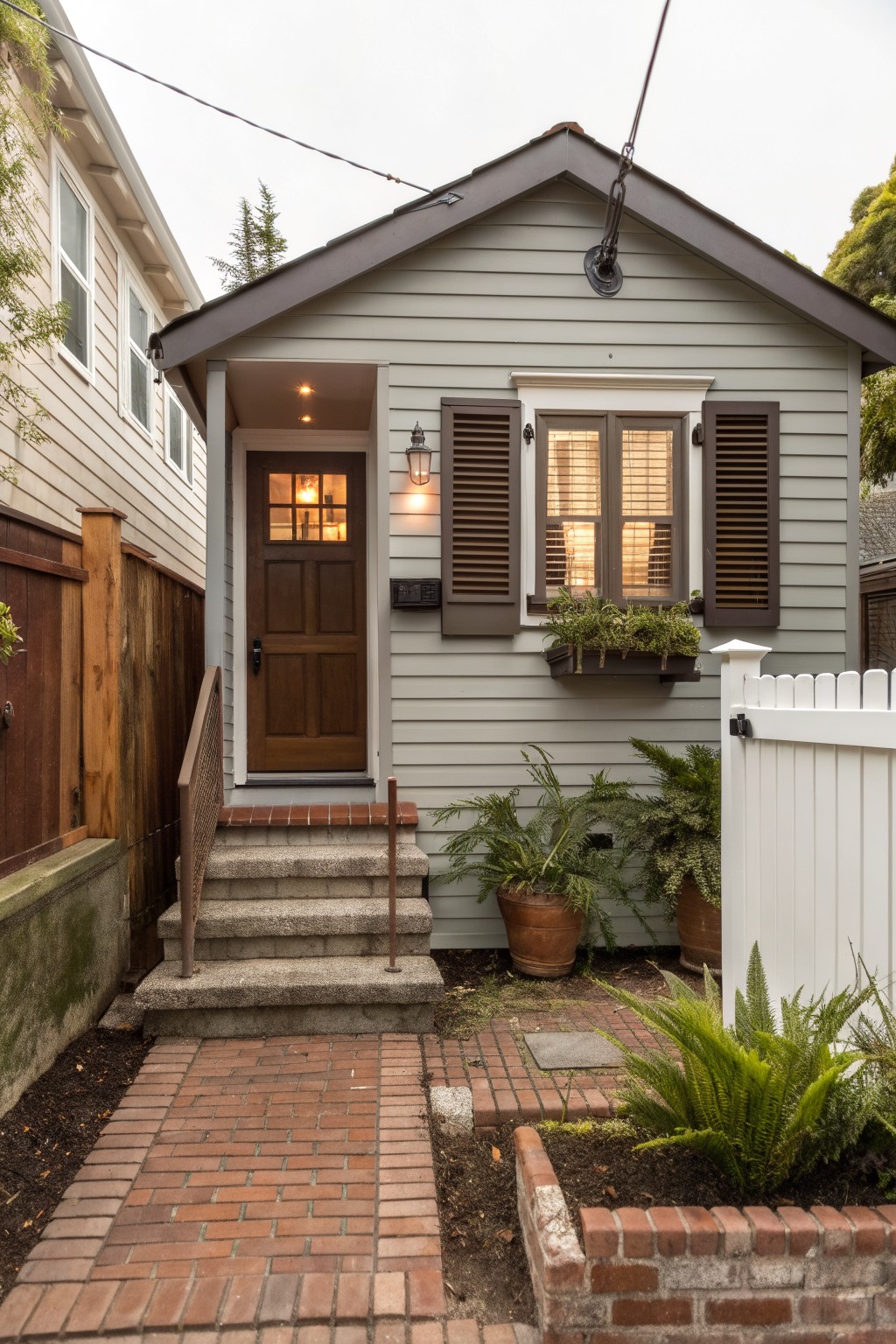 Small gray shingle house with dark brown shutters on windows, wooden front door with glass panels, lit porch light, brick pathway, potted plants, and white picket fence in front yard.