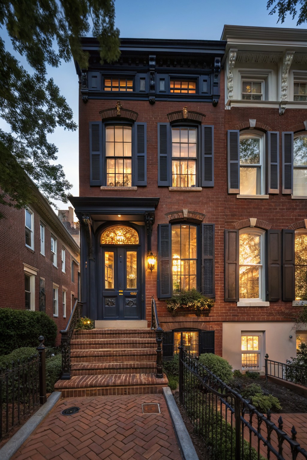 A three-story brick rowhouse exterior at dusk with dark navy shutters on multi-pane windows, a dark wood front door with glass panels and brass hardware, illuminated warm interior lights, brick steps with wrought iron railings, and a black metal fence.