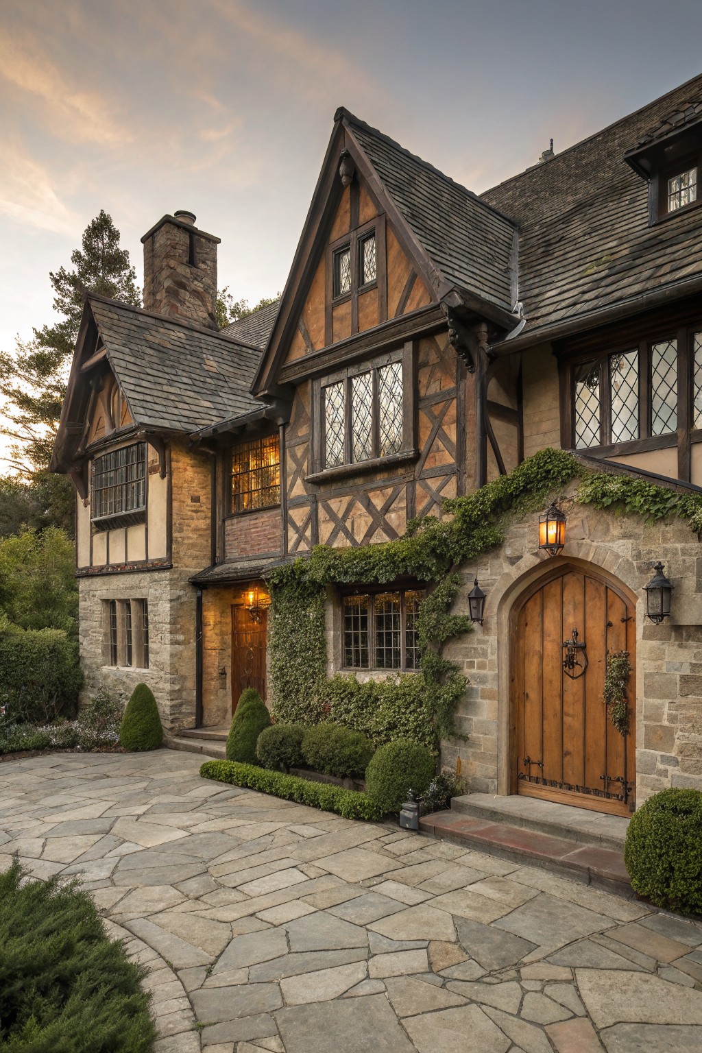 Tudor-style brown house exterior featuring half-timbering, light stone walls, dark wooden window frames, arched front door with lanterns, climbing ivy, and landscaped entry path at dusk.