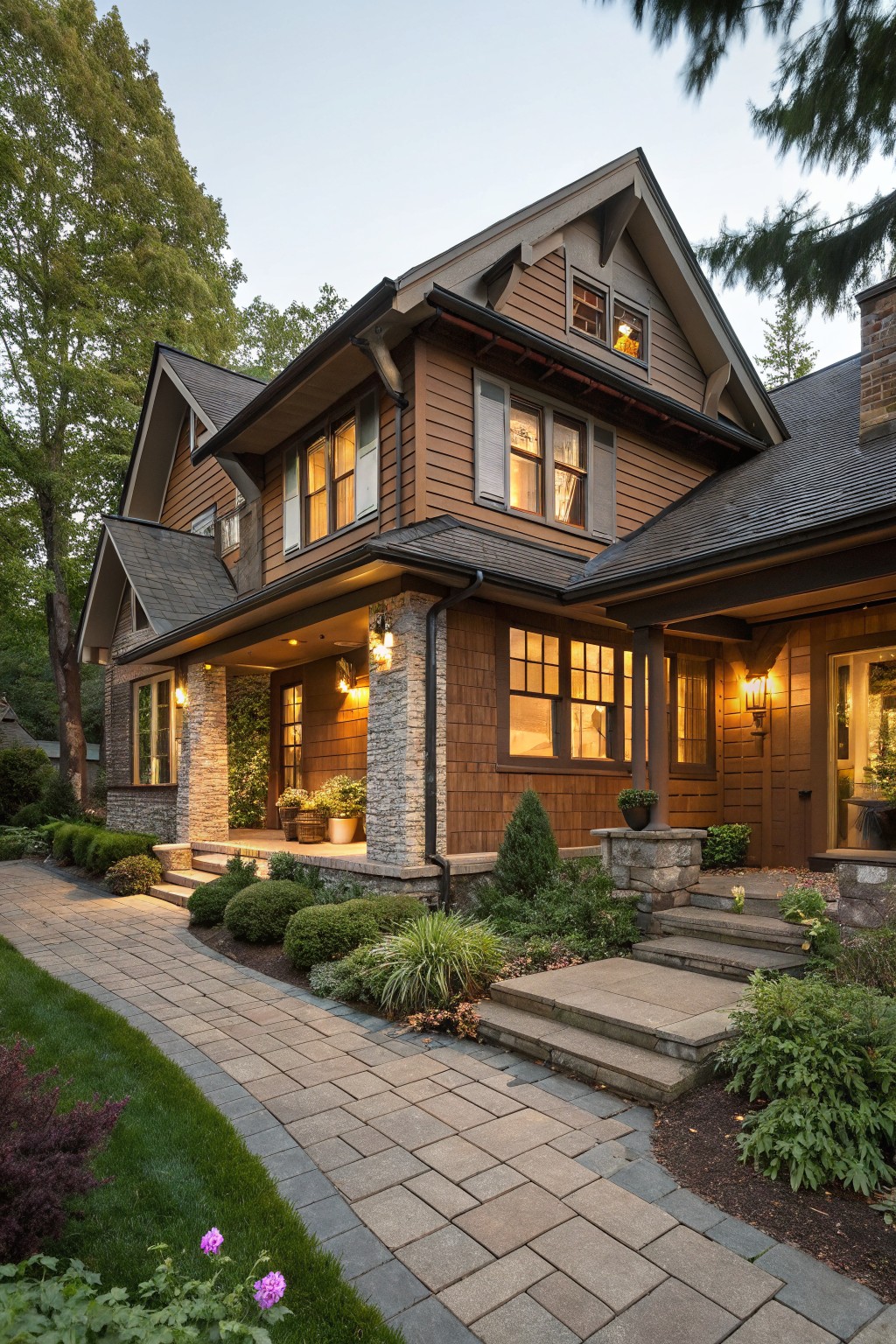 Two-story house exterior with warm brown shingle siding, dark shutters on multipane windows, stone pillars supporting the covered porch, paved walkway, and surrounding shrubs and trees.