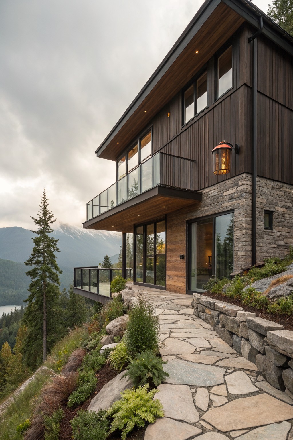 Multi-story modern house with dark brown vertical wood siding, stone base, glass balcony, and entry doors on a rocky hillside surrounded by trees, shrubs, stone path, and distant mountains and lake.