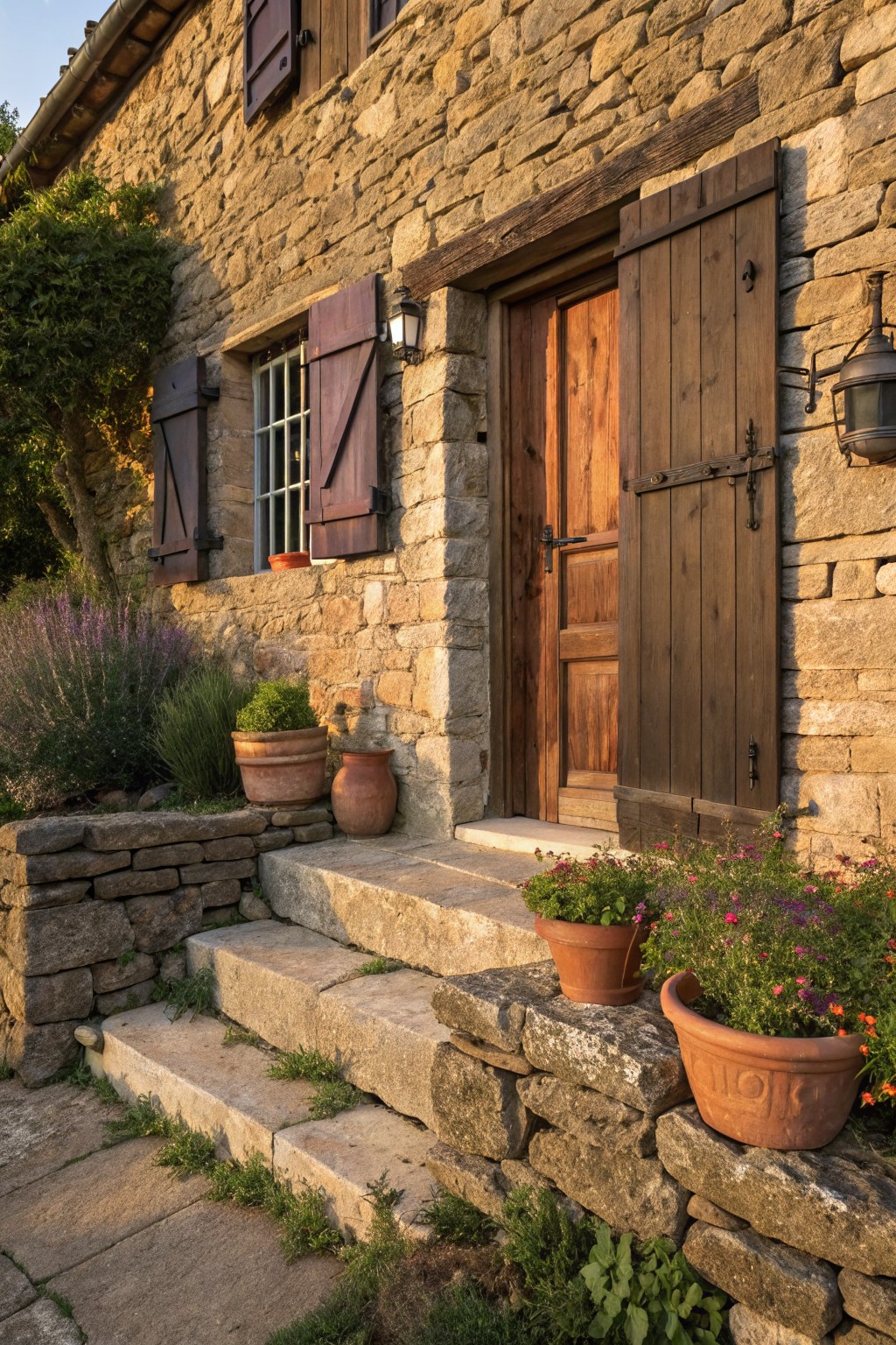 Stone house exterior with wooden door, dark shutters on windows, terracotta pots of plants and flowers on stone steps and wall.