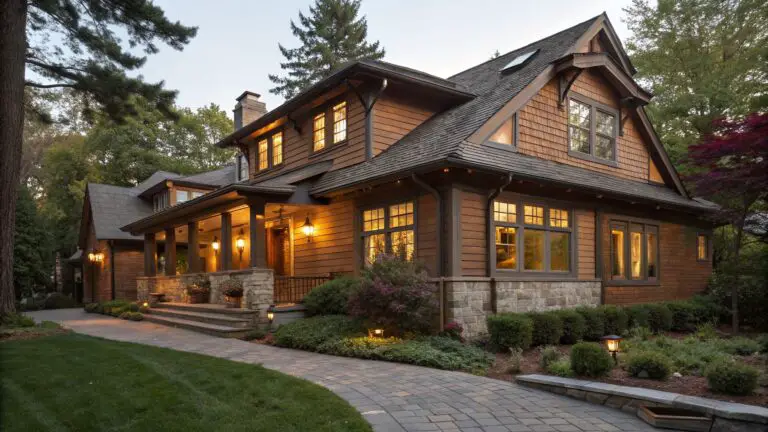 Two-story house exterior with warm brown shingle siding, dark shutters on multipane windows, stone pillars supporting the covered porch, paved walkway, and surrounding shrubs and trees.