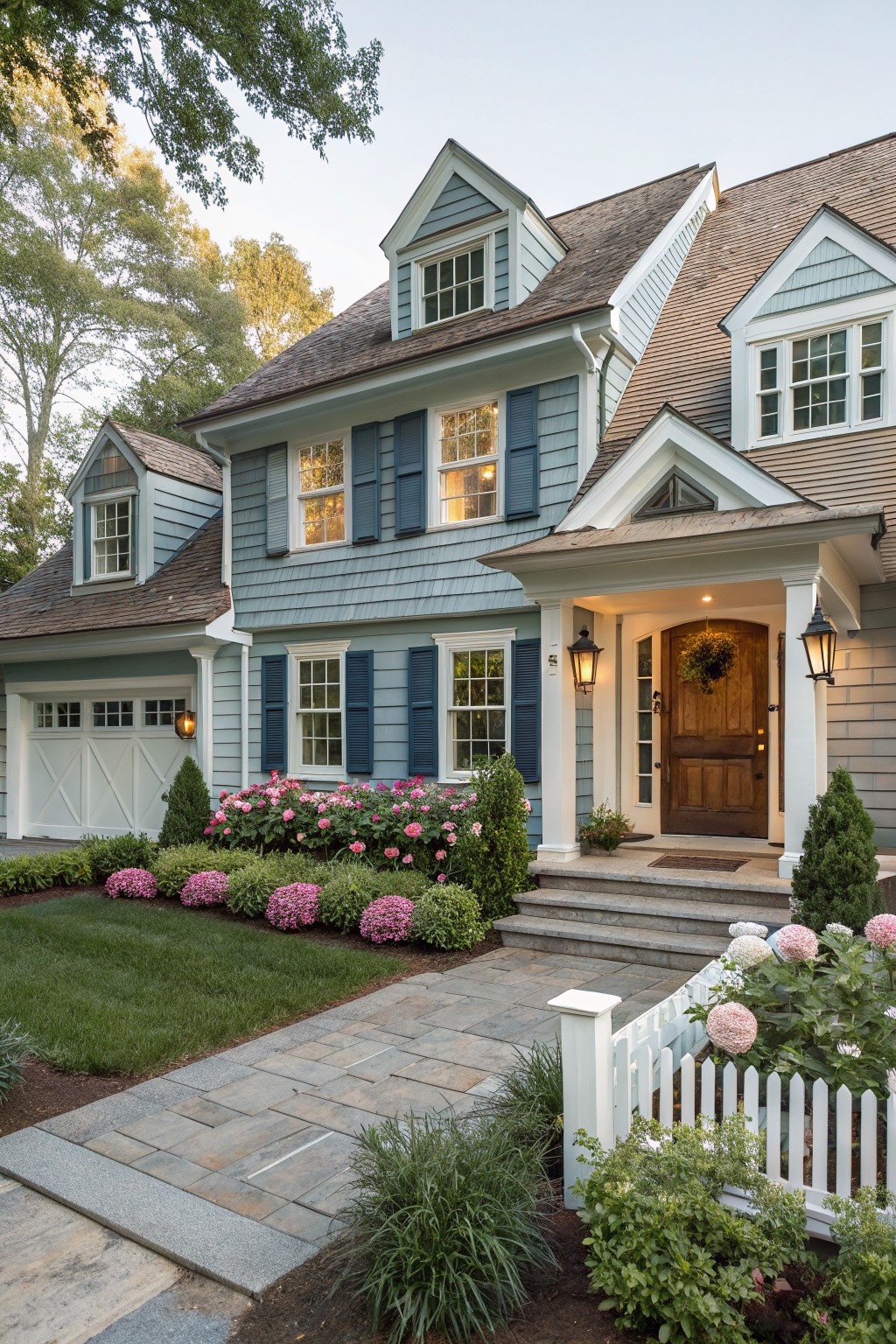 Front view of a two-story light blue shingle-style house with navy blue shutters on multi-pane windows, white trim and columns around a wooden front door, attached white garage, pink hydrangea bushes, and a stone walkway with white picket fence.
