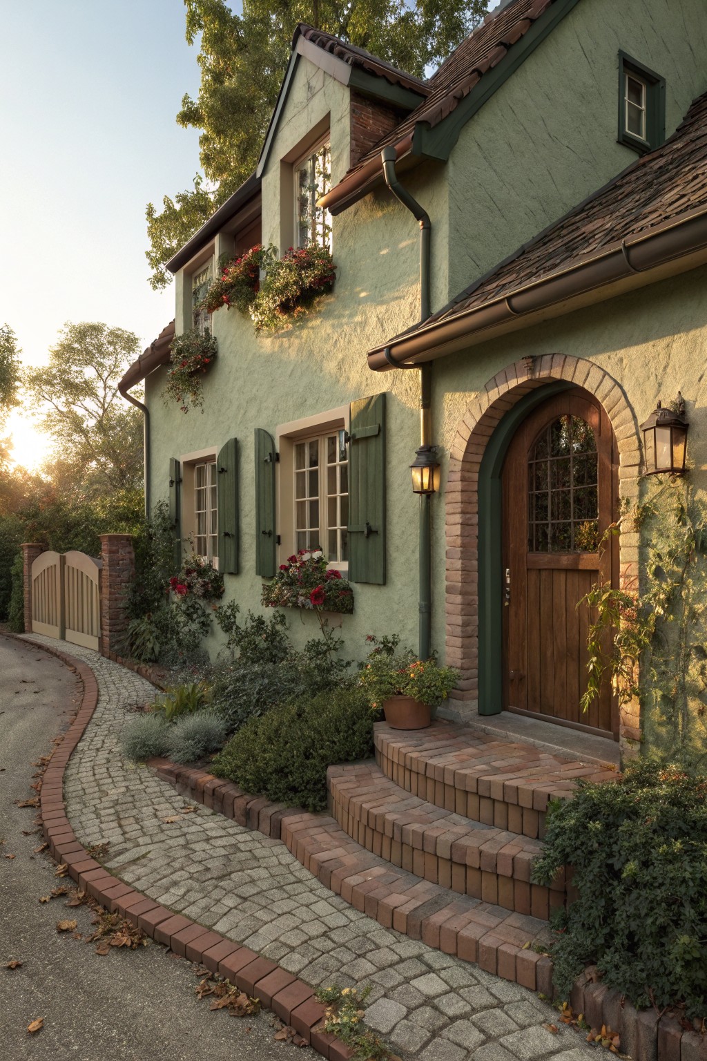 Sage green stucco house exterior featuring dark green shutters on multiple windows with red flower boxes, arched wooden entry door flanked by lanterns, brick steps, cobblestone pathway, and low plants along the base in evening light.