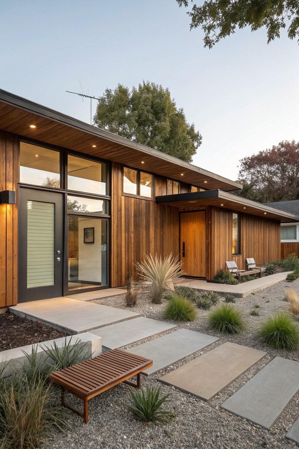 Modern brown wood-clad house exterior featuring a cantilevered roof, large glass windows, black-framed entry door with slatted frosted glass panel, wooden main door, concrete paver pathway with gravel and native plants, and two benches in the front yard at dusk.