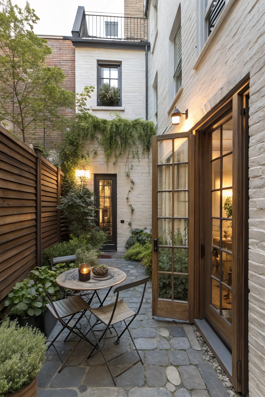 Small round table topped with a candle and plant beside two folding chairs on cobblestone patio in narrow courtyard with white brick walls, wooden slatted fence, greenery, lanterns, and open wooden French doors.