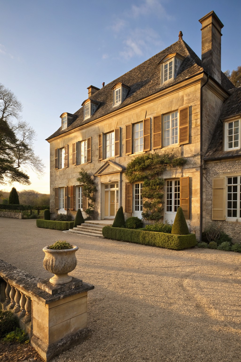 A two-story beige limestone house with brown wooden louvered shutters on multiple windows, flanked by boxwood hedges and a gravel driveway.