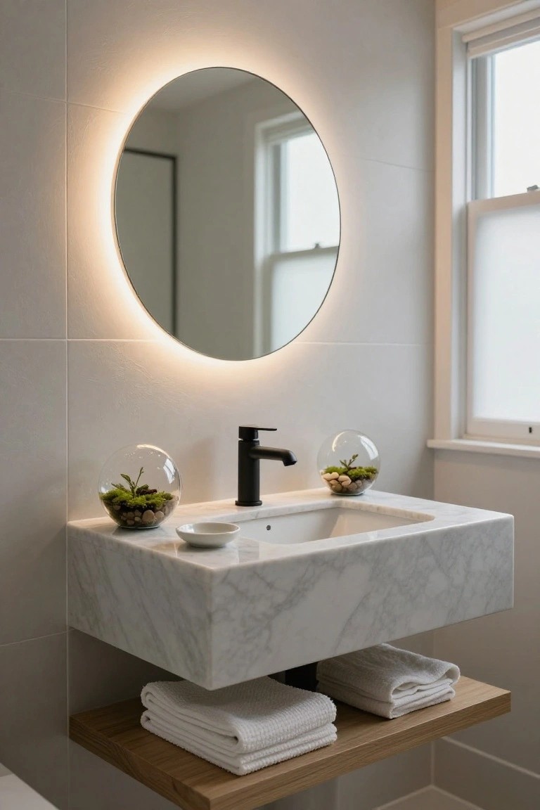 Modern bathroom with floating white marble vanity sink, black faucet, round backlit mirror, two clear glass spheres containing moss and pebbles on the counter, small white dish, and wooden shelf below holding stacked white towels against tiled walls.