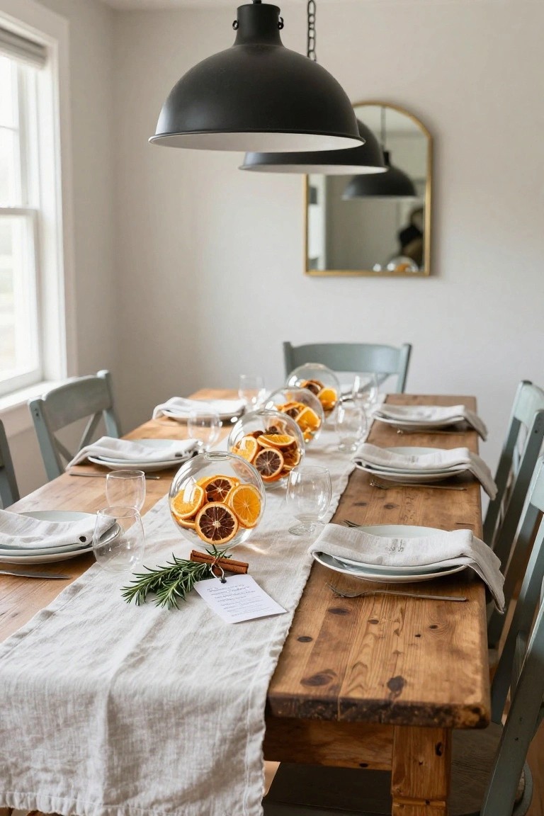 Dining table with several clear glass spheres filled with dried orange slices and cinnamon sticks placed along a white linen runner, surrounded by white plates, glassware, and cutlery on wooden surface with sage green chairs.