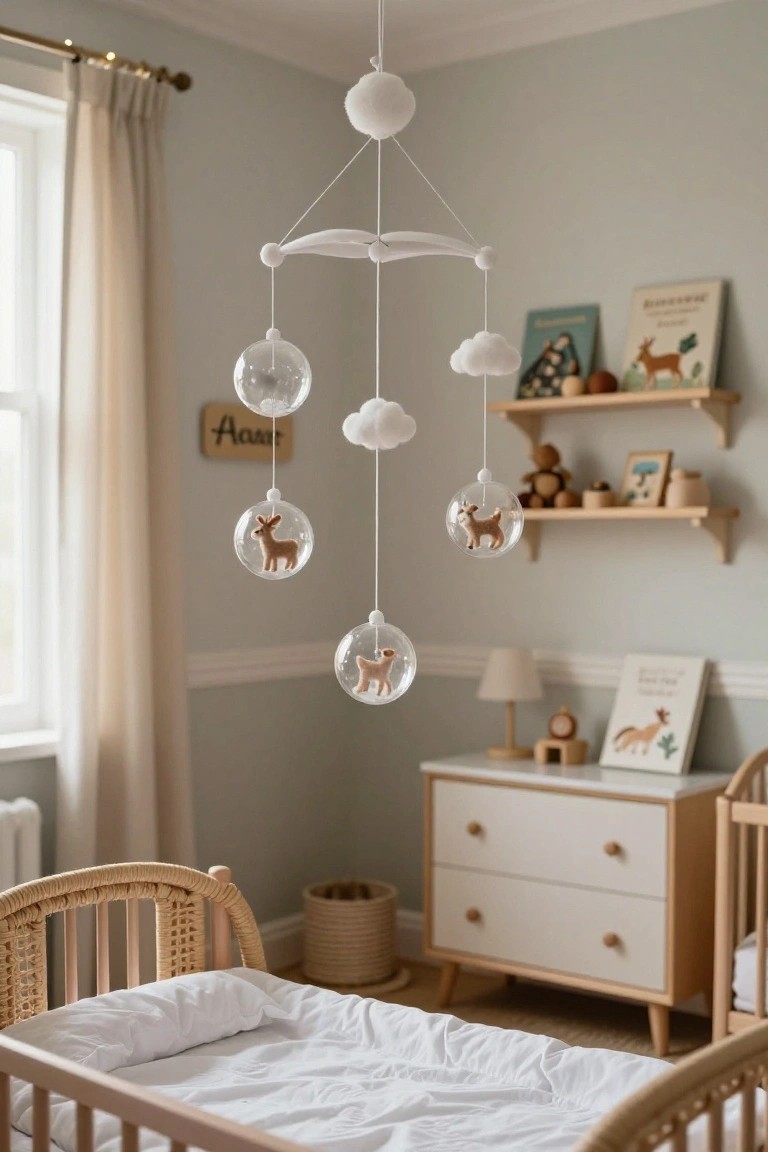 Beige nursery room featuring a wooden crib with white bedding, rattan rocking chair on seagrass rug, mobile of clear glass spheres with small deer figures hanging above crib, shelf with plants books and toys, sheer curtains and string lights.