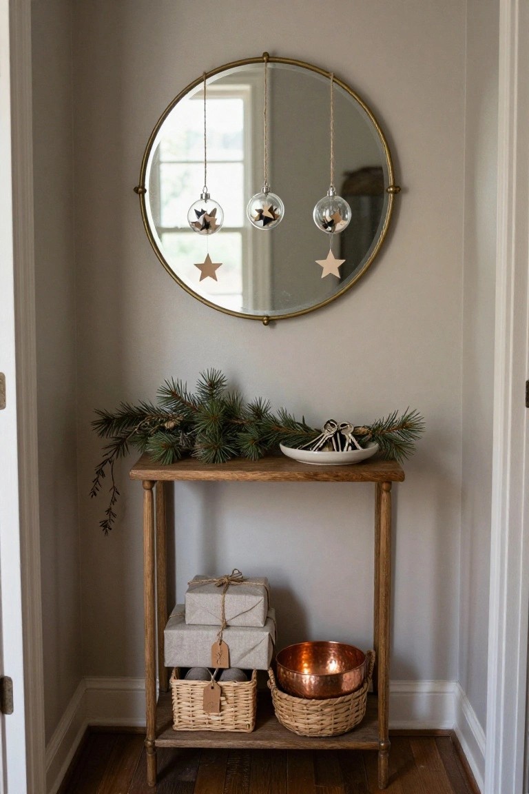 Gold-framed round mirror on a light gray wall with three clear glass Christmas ornaments filled with paper stars hanging from jute ropes, above a wooden console table holding evergreen garland in a white bowl, wrapped gifts in a copper bowl, and a wicker basket in a narrow indoor nook.