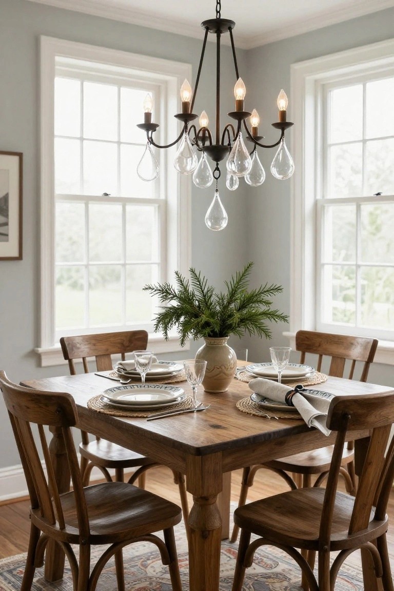 Dining room corner with square wooden table set with white plates, wine glasses, and fir branch centerpiece in vase, under black metal chandelier with clear glass droplet pendants, surrounded by wooden chairs, neutral walls, and large white-framed windows.