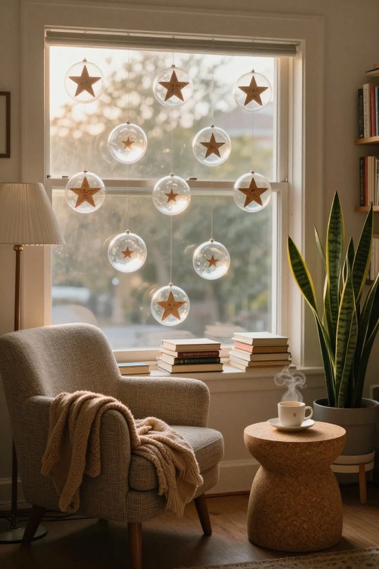 Cozy interior with clear glass Christmas ornaments containing wooden stars hanging from a large window, next to an armchair with throw blanket, wooden side table holding teacup and saucer, stacked books, bookshelves, lamp, and potted snake plant.