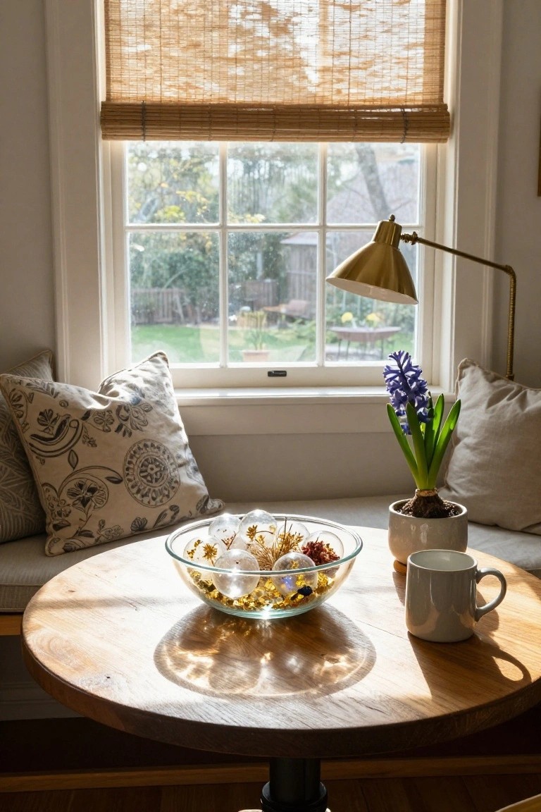 Sunlit indoor window seat with beige pillows, round wooden table holding a clear glass bowl of ornaments and dried botanicals, hyacinth plant in white pot, white mug, and brass lamp nearby.