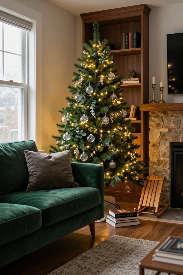 Living room corner with a lit Christmas tree decorated in clear glass ornaments and greenery, green velvet sofa, wooden bookshelf, and stone fireplace.