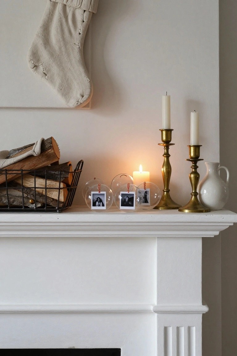 White fireplace mantel holding a black wire basket of firewood, two brass candlesticks with lit white candles, a white jug, and clear round glass ornaments each containing a small black-and-white photo, with a hung knit stocking and wall art above.