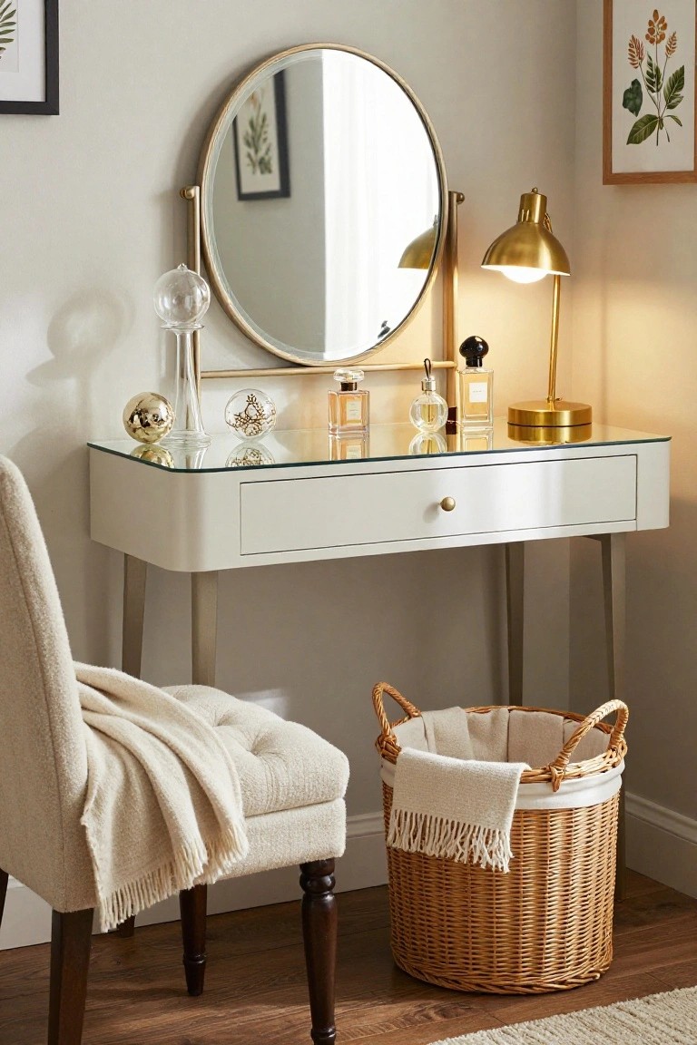 White glass-topped vanity table with gold swivel mirror, gold lamp, perfume bottles, clear glass balls and vases, upholstered chair, and wicker basket in a beige room with plant art on walls.