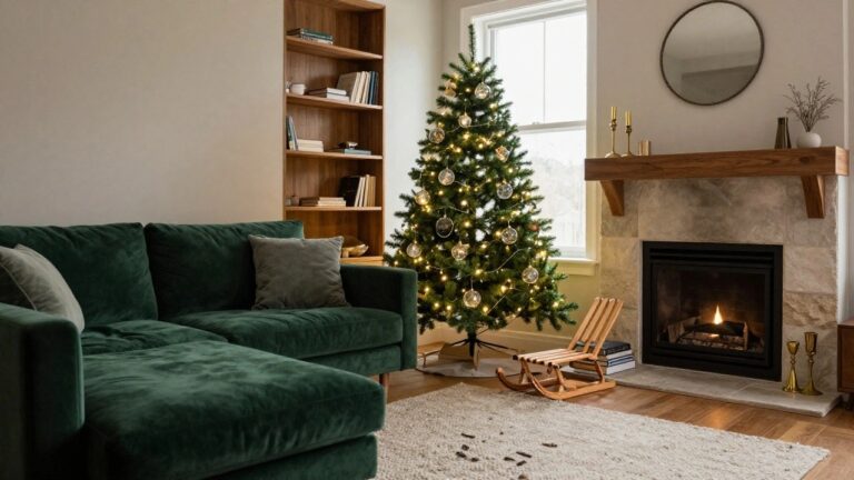 20 Clear Christmas Ornament Ideas That Let Your Creativity Shine Living room corner with a lit Christmas tree decorated in clear glass ornaments and greenery, green velvet sofa, wooden bookshelf, and stone fireplace.