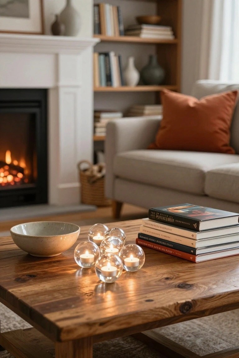 Wooden coffee table in a cozy living room holding clear glass spheres with lit tealight candles, stacked books, and a white ceramic bowl, with a fireplace and beige sofa in the background.