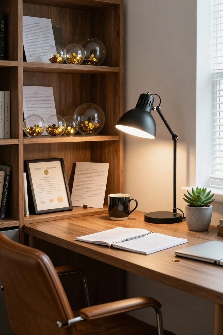 Home office with wooden bookshelves displaying clear glass spheres filled with gold coins, wooden desk holding open notebook, pen, laptop, black mug, desk lamp, framed document, and potted succulent.
