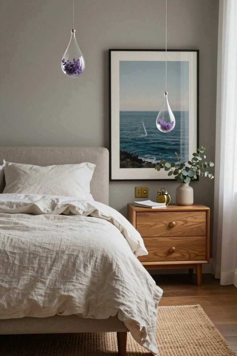 Bedroom interior with gray fabric headboard bed covered in white linens, wooden nightstand holding a book, clock, and vase of eucalyptus, two clear glass teardrop-shaped hanging planters filled with dried purple lavender, large framed ocean photo on wall, and beige rug on wood floor.