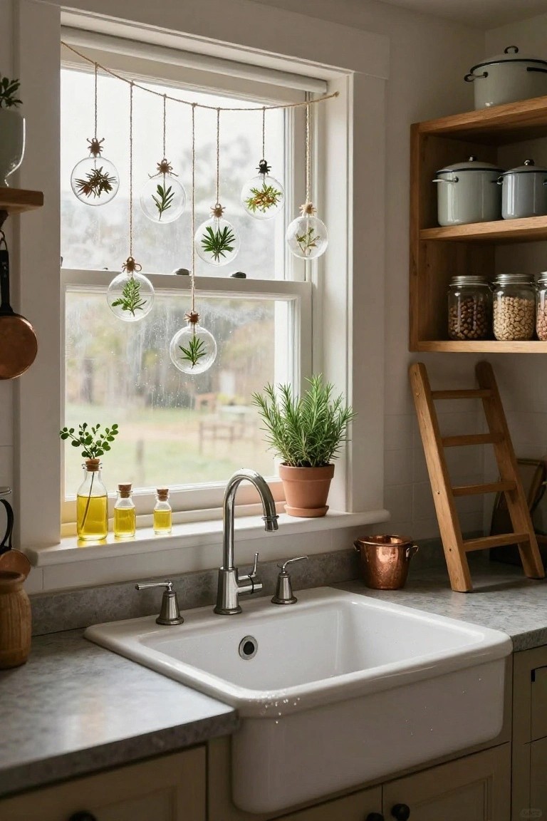 Kitchen window above a white farmhouse sink with clear glass Christmas ornaments filled with dried herbs and plants hanging from twine strands, potted rosemary on the sill, oil bottles nearby, wooden shelves with pots and jars, and a wooden ladder against the wall.