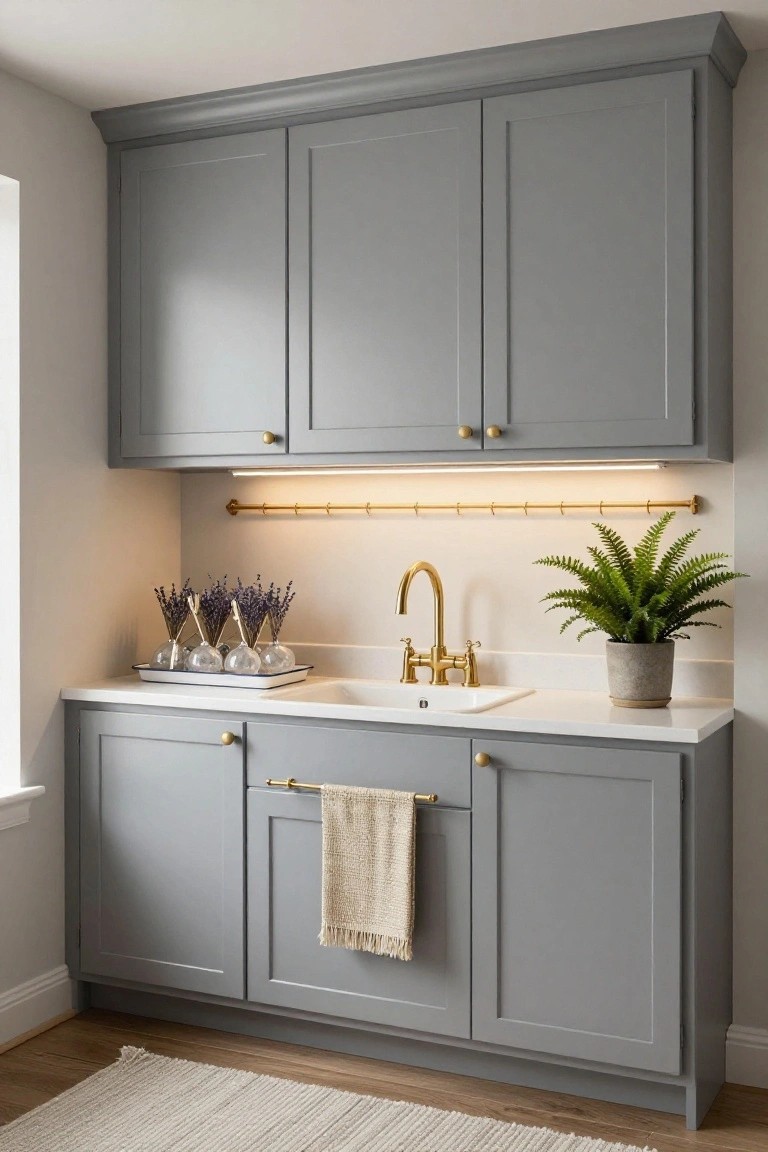 Gray shaker-style kitchen cabinets surrounding a white countertop with sink, gold faucet, tray holding four clear glass bulb containers filled with lavender bundles, gold towel bar with beige towel, fern plant in gray pot, under-cabinet lighting, and wood floor with white rug.
