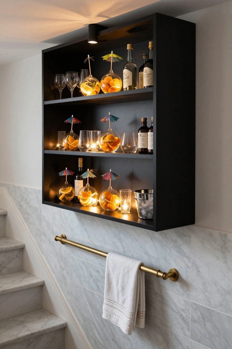 Black wall-mounted shelving unit with liquor bottles, wine glasses, clear glass orbs containing orange slices and lights, cocktail umbrellas, and a metal ice bucket, positioned beside marble stairs with a brass handrail and white towel.