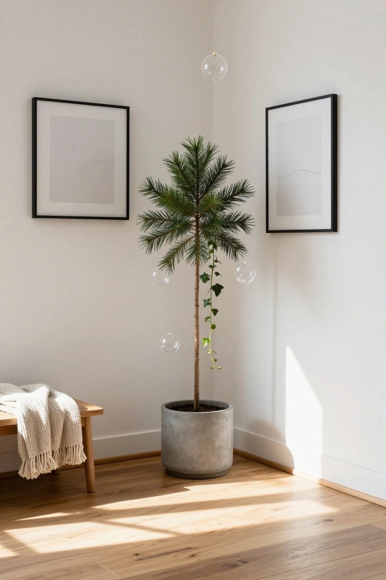Corner of a white room featuring a potted pine tree with ivy strands and clear glass Christmas ornaments hanging from branches, two black-framed white abstract prints on walls, a wooden bench with white blanket, gray pot, and light wooden flooring.
