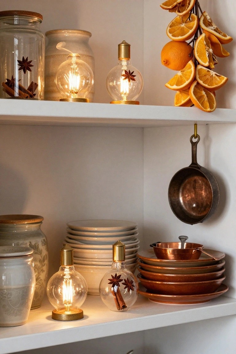 Open kitchen shelves lined with glass jars of star anise and cinnamon sticks, stacked white plates and copper pots and pans, hanging dried orange garland, and lit clear glass bulbs filled with spices on gold bases.