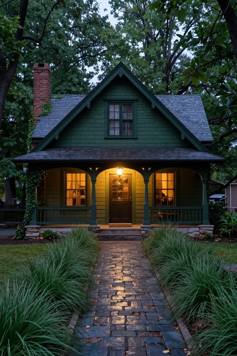 Dark green shingle-sided Craftsman bungalow house exterior at dusk with a lit lantern on the covered front porch, tapered columns, green railing, double window beside the dark door, stone paver pathway lined with tall ornamental grasses, ivy on posts, brick chimney, and surrounding trees.