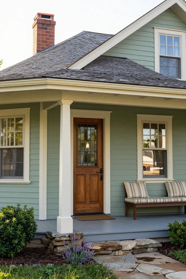 Front exterior of a mint green clapboard Craftsman-style house with a covered porch supported by tapered white columns, wooden benches with striped cushions, oak door with leaded glass, and stone pathway edged by shrubs and lavender.