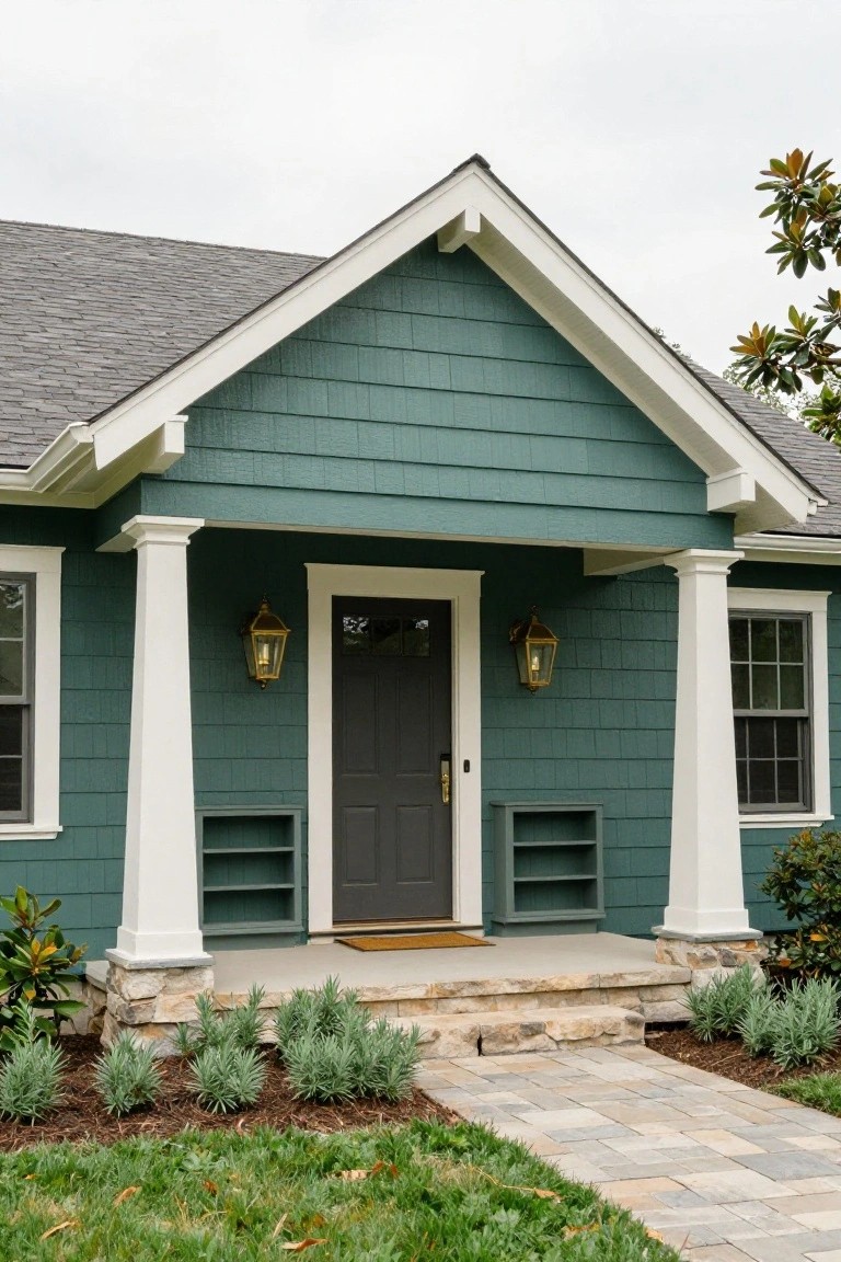 Front exterior of a one-story Craftsman-style house with dark teal shingle siding, white porch supported by two columns, black door numbered 52, brass lanterns, built-in shelves beside door, stone steps, paver pathway, and low plantings in yard.