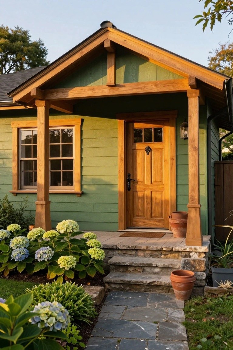 Green shingled Craftsman house exterior featuring a covered porch with tapered wooden posts, paneled oak door, divided-light window, stone steps, and potted plants with hydrangeas nearby.