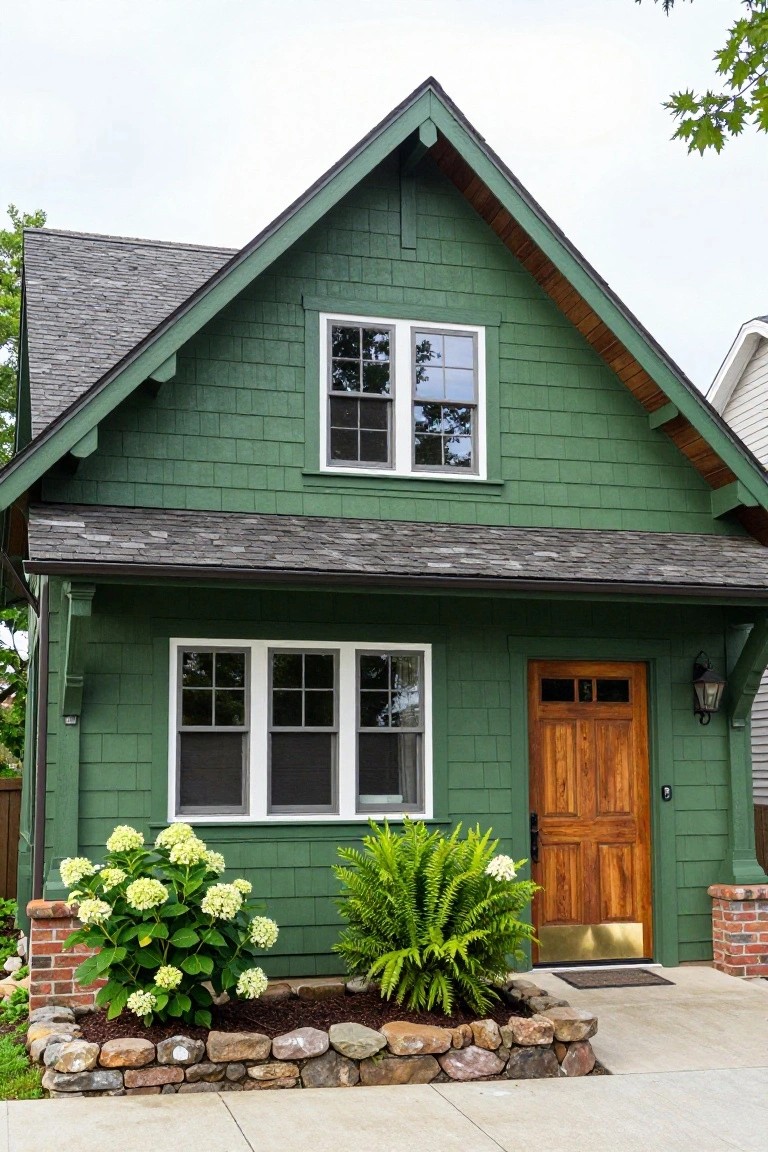 Dark green Craftsman bungalow house exterior with shingle siding, gabled roof, large front windows, wooden entry door, brick porch supports, and landscaped beds with hydrangeas and ferns along the sidewalk.