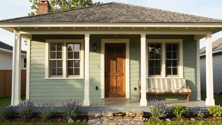 Front exterior of a mint green clapboard Craftsman-style house with a covered porch supported by tapered white columns, wooden benches with striped cushions, oak door with leaded glass, and stone pathway edged by shrubs and lavender.