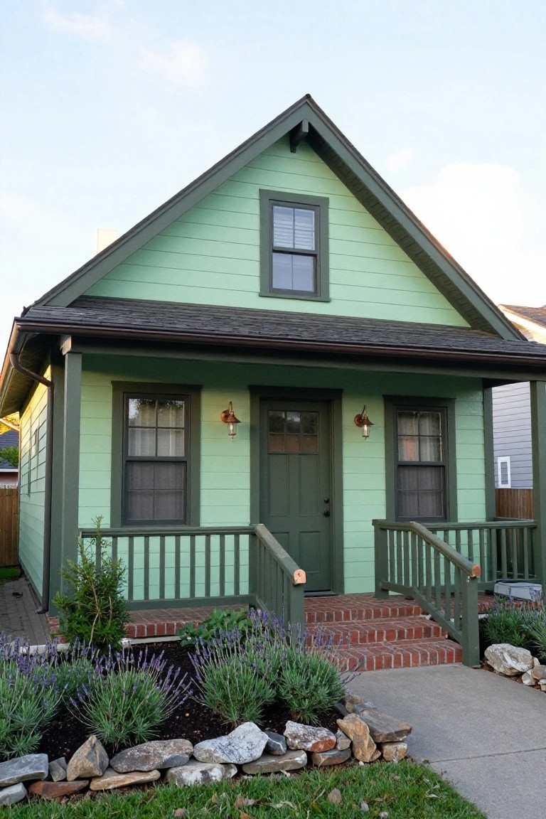 Mint-green Craftsman bungalow with gabled roof, covered front porch, green door, flanked windows, brick steps, lanterns, and landscaped border of lavender plants and rocks.