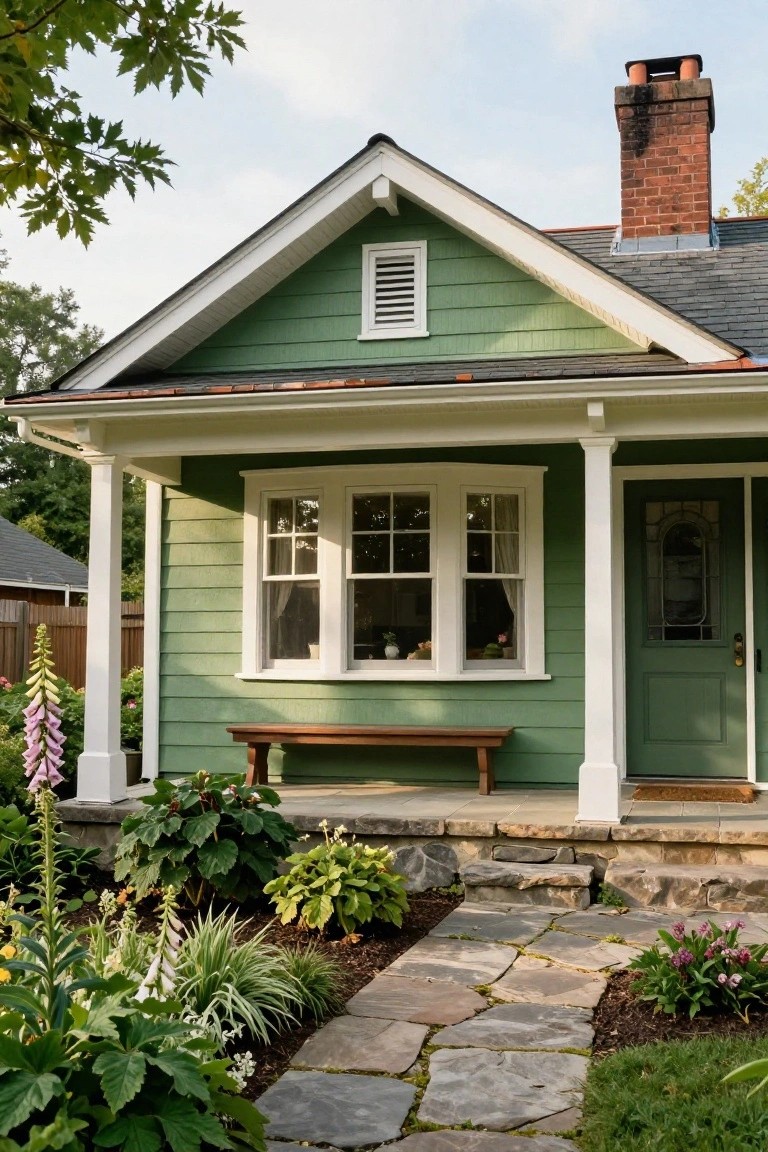 Green Craftsman bungalow with white trim, gabled front porch supported by columns, wooden bench on porch, brick chimney, white-framed bay window, and surrounding garden with stone path.
