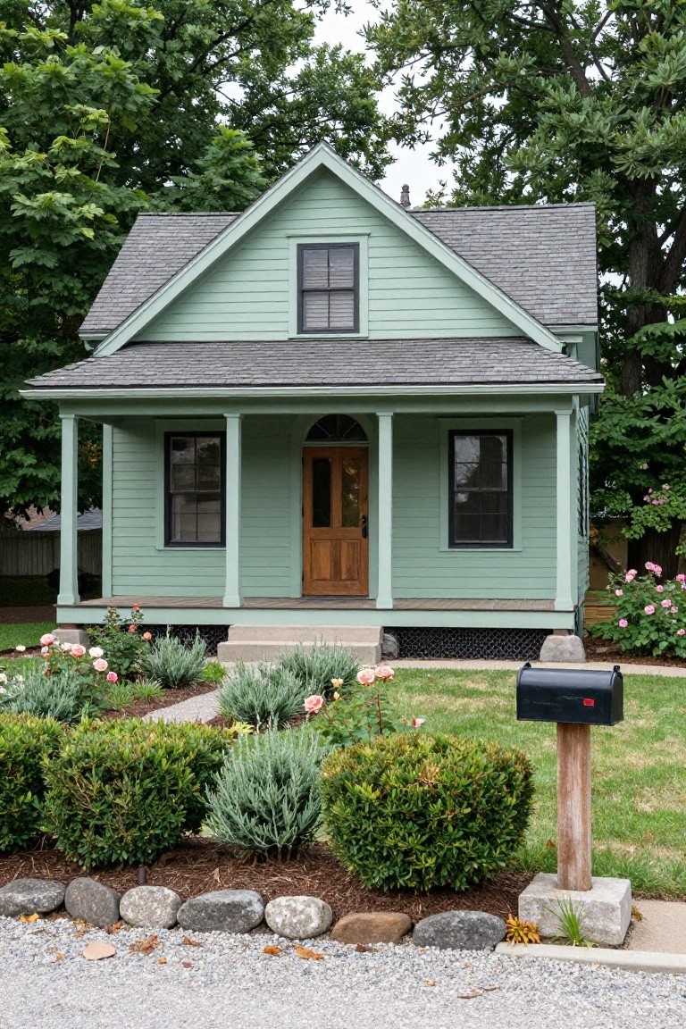 Small mint-green clapboard Craftsman bungalow with gabled gray roof, covered front porch supported by columns, black-framed windows, wooden front door, surrounding landscaping with roses, lavender, boxwoods, rock edging, and black mailbox on wooden post.