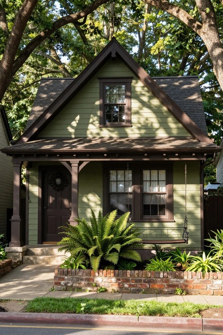 Small green Craftsman bungalow with dark trim, gabled roof, covered front porch supported by tapered columns, hanging porch swing, front door with wreath, ferns and plants in brick-edged garden bed, large trees overhead, and street curb in foreground.