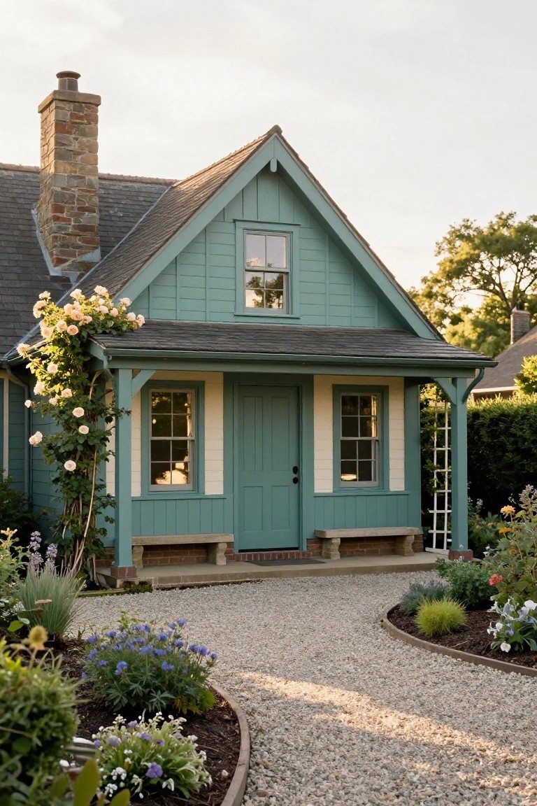 Teal green clapboard Craftsman bungalow with gabled shingle roof, stone chimney, covered front porch, climbing pink roses, bench, white-trimmed door and windows, gravel path, and border gardens.